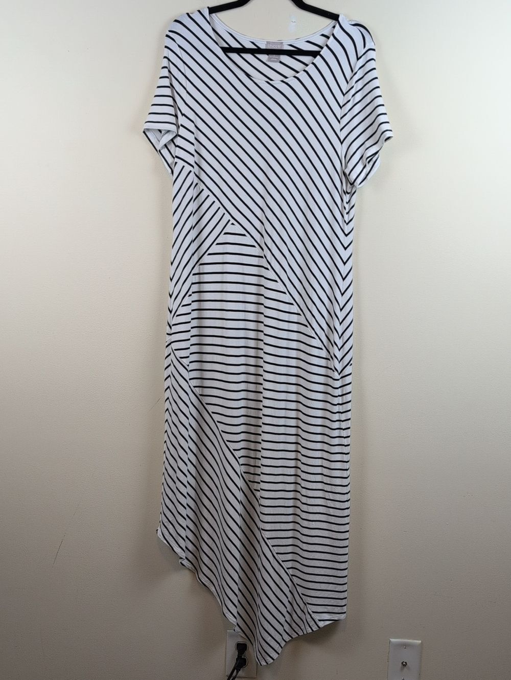 Chico's Splice Striped Black & White Asymmetrical Hem Maxi Dress Size L